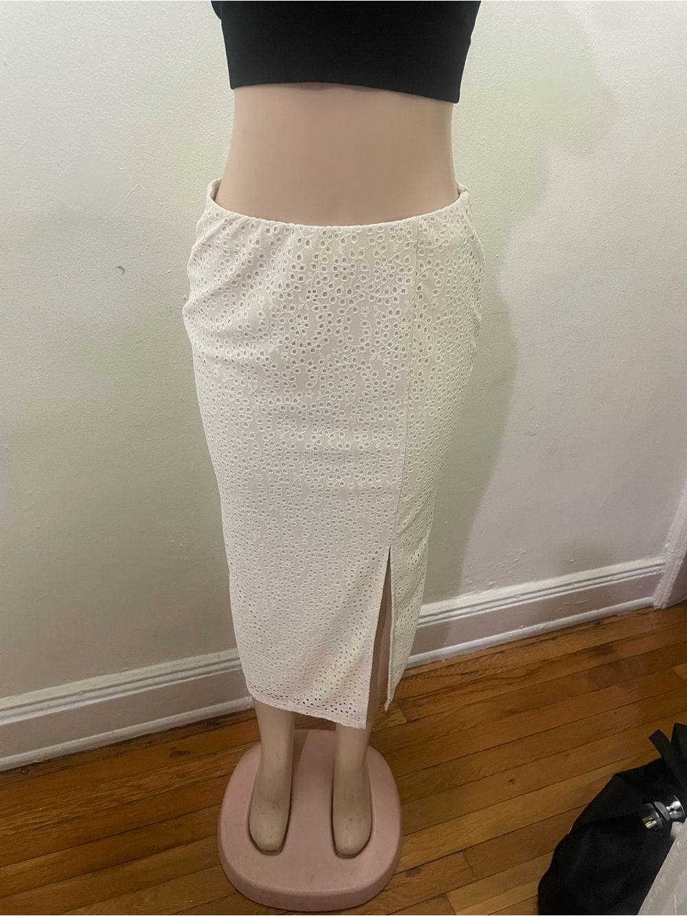 Eyelet Midi Pencil Skirt with Front Slit - Cream